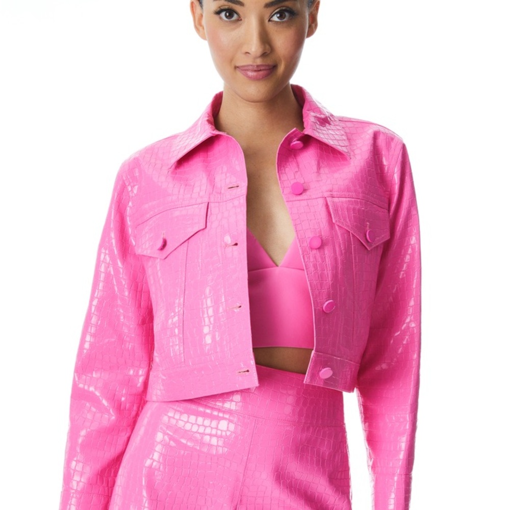 Alice and Olivia Pink Croc-Embossed Vegan Leather Jacket